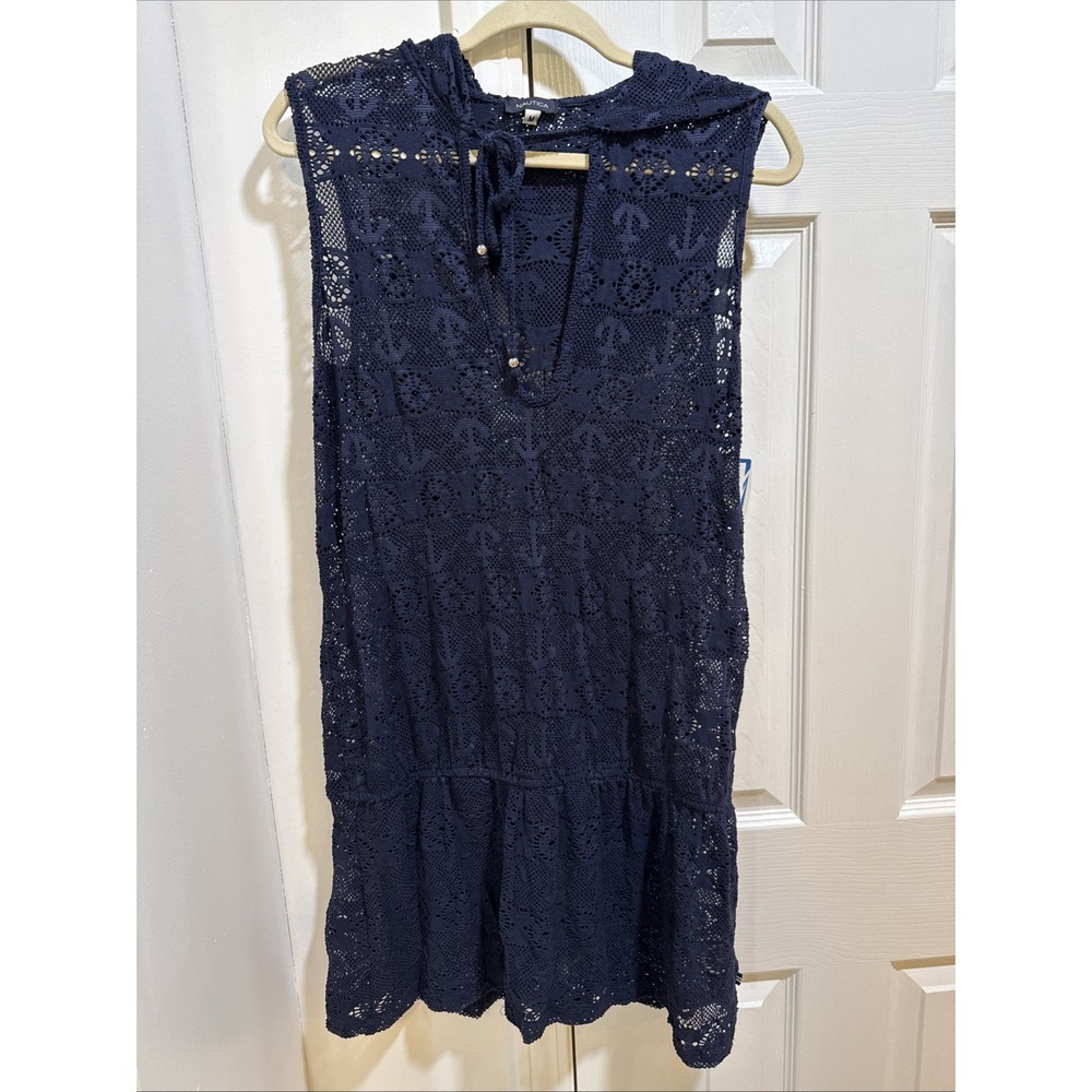 Women's Hooded Tunic Nautica Beach Swim Coverup, Navy, M Medium sleeveless NWT‎